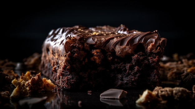 A close up of a brownie with chocolate frosting and a piece of chocolate on a black background.