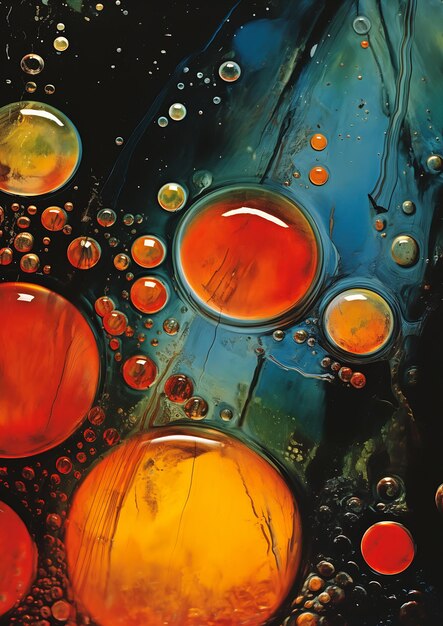 Foto close-up bubbels glas kookolie kleur glanzende tijdschrift omslag wervelende stromen energie album design
