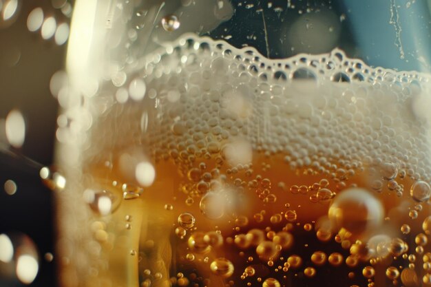 Photo close up bubble of beer in glass