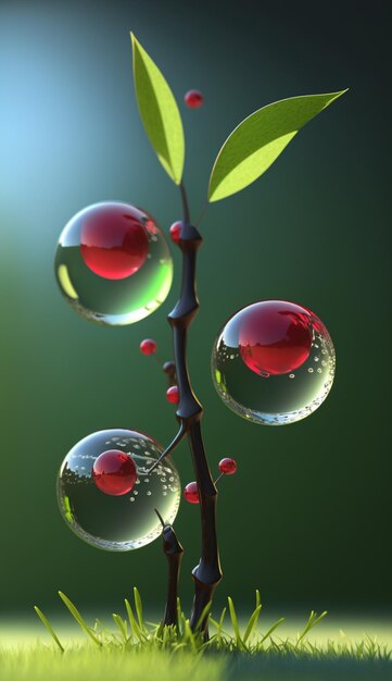 A close up of bubbles with red drops on a branch