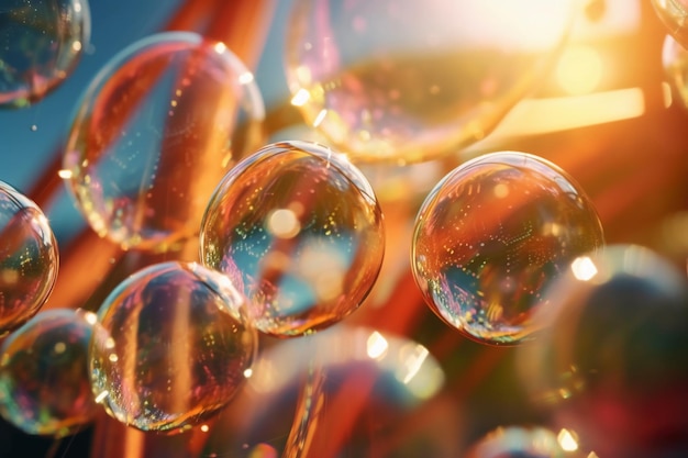 A close up of bubbles with the sun behind it