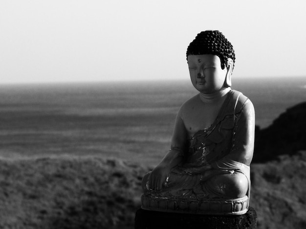 Photo close-up of buddha statue by sea against clear sky