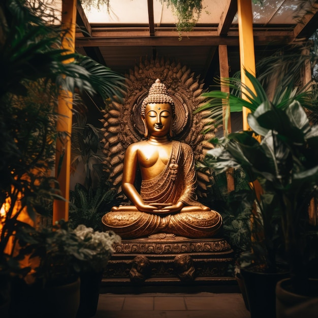 Close up of buddha statue and plants in traditional temple created using generative ai technology