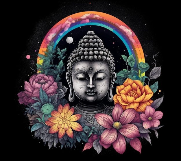 A close up of a buddha statue surrounded by flowers and a rainbow generative ai