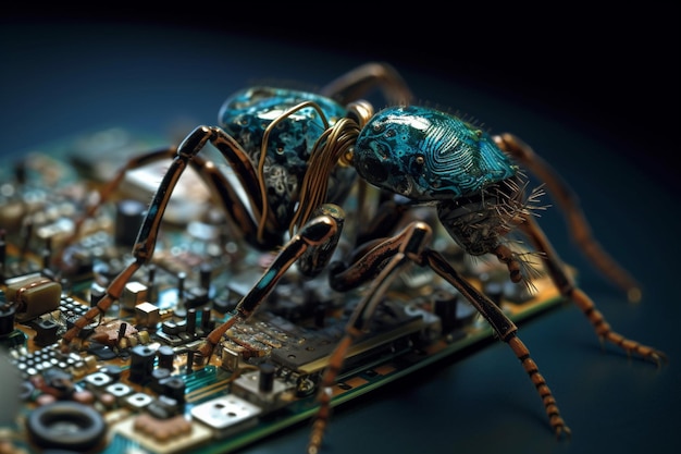 Foto un primo piano di un bug su una scheda madre con una scheda di circuito in sottofondo