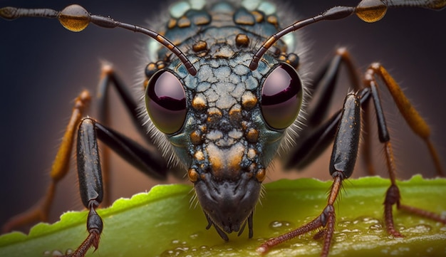 A close up of a bug's face with a green leaf on it