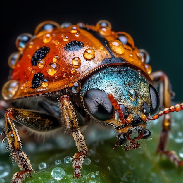 A close up of a bug with many spots on its face