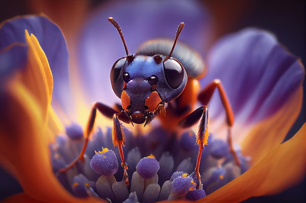 A close up of a bug with orange eyes and orange eyes
