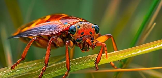 A close up of a bug with orange and red eyes