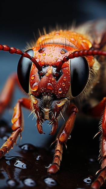 A close up of a bug with water droplets on its face generative ai