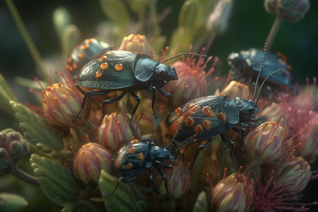 A close up of bugs on a flower