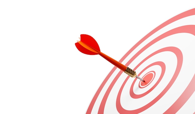 Close-up of a bull's eye with a red dart, hit the target, success. A target with red and white circles. 3d illustration