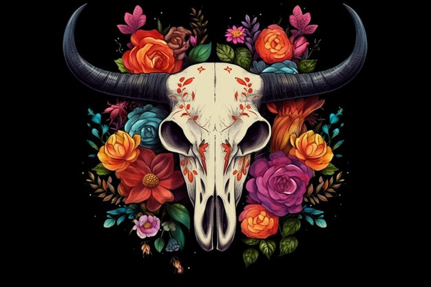 a close up of a bull skull with flowers and leaves generative ai