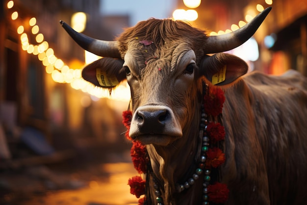 a close up of a bull wearing a garland around its neck