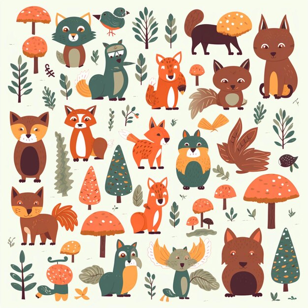 A close up of a bunch of animals in a forest generative ai