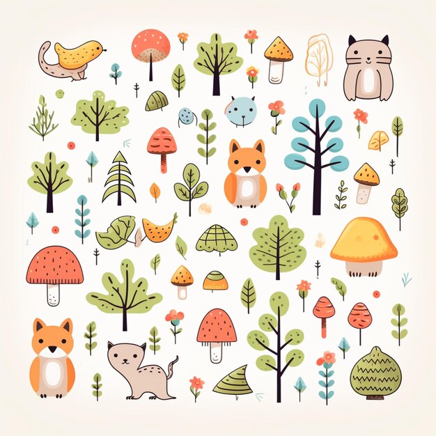 A close up of a bunch of animals and trees with leaves generative ai