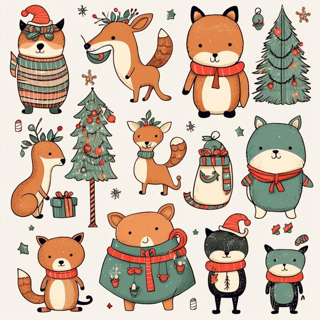 Photo a close up of a bunch of animals with christmas decorations generative ai