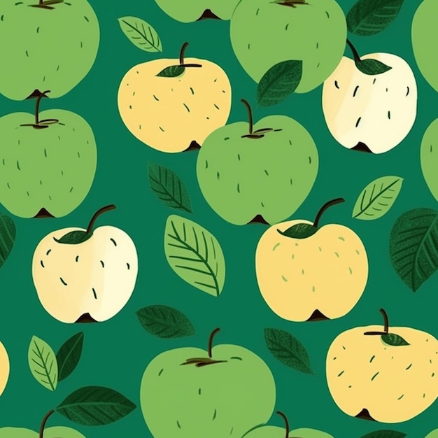 A close up of a bunch of apples with leaves on a green background generative ai