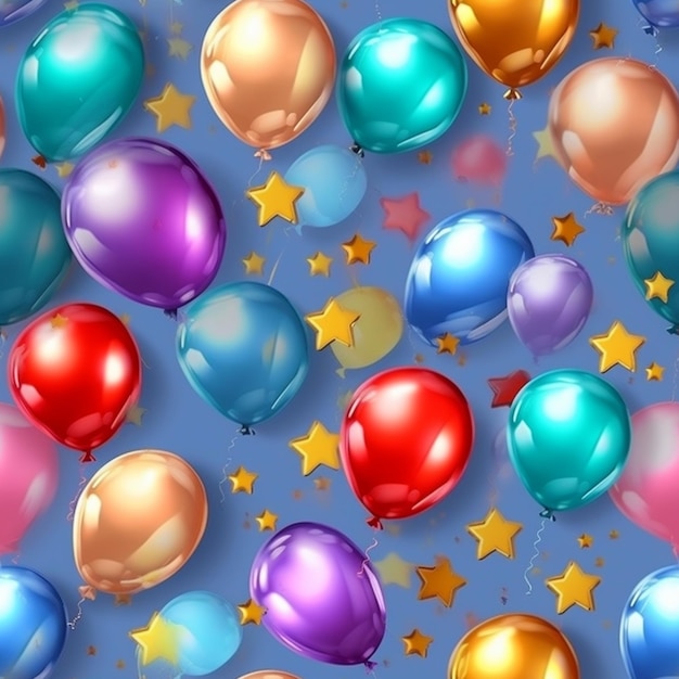 A close up of a bunch of balloons with stars on a blue background generative ai