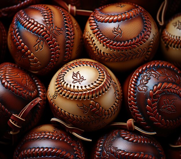 Foto un primo piano di un mucchio di palle da baseball con la pelle su di loro generativa ai