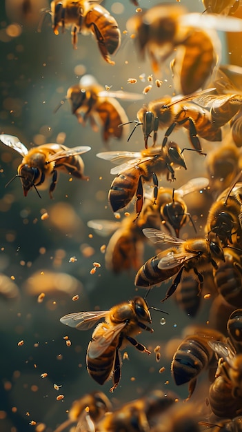 A close up of a bunch of bees flying in the air