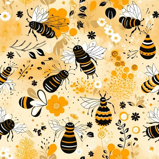 a close up of a bunch of bees on a yellow background generative ai