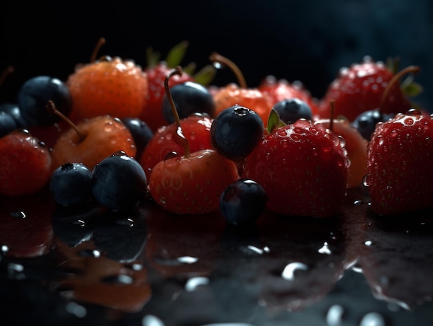 A close up of a bunch of berries on a black background