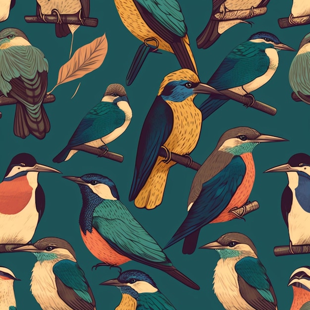 A close up of a bunch of birds sitting on a branch generative ai