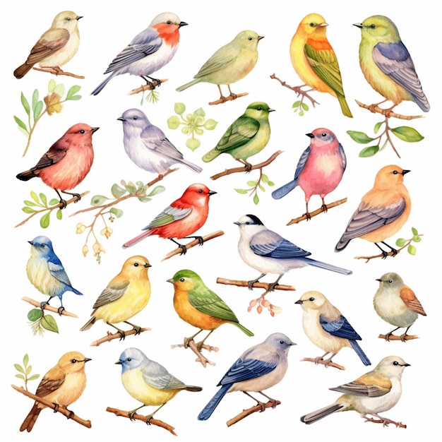 a close up of a bunch of birds sitting on a branch generative ai