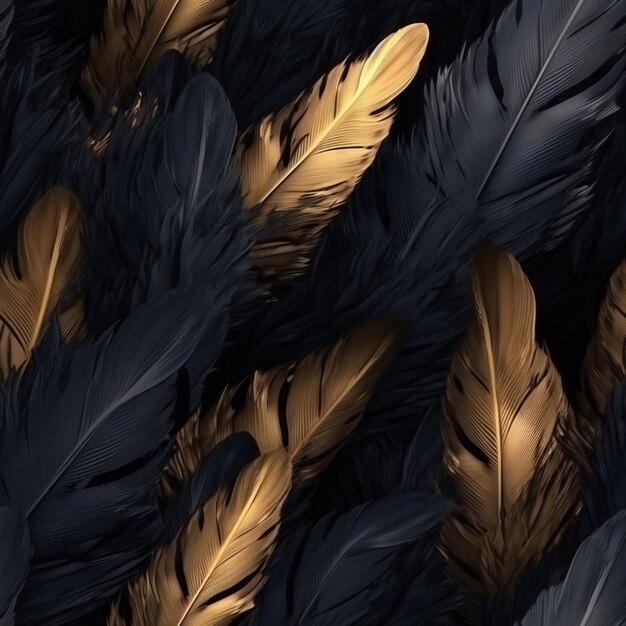 A close up of a bunch of black and gold feathers generative ai