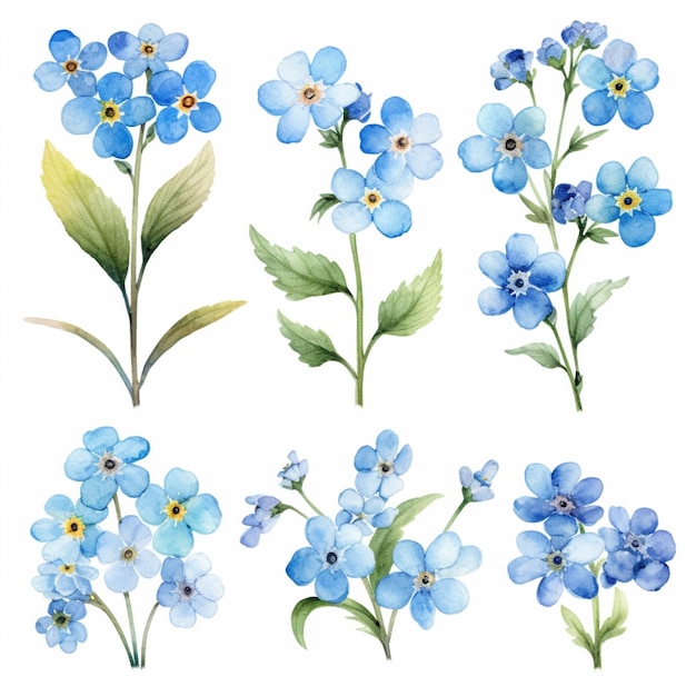 a close up of a bunch of blue flowers on a white background generative ai