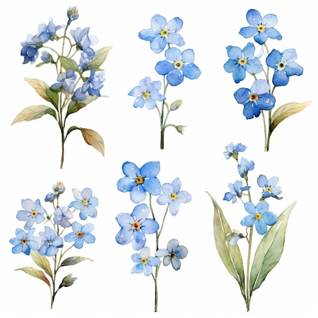 a close up of a bunch of blue flowers on a white background generative ai