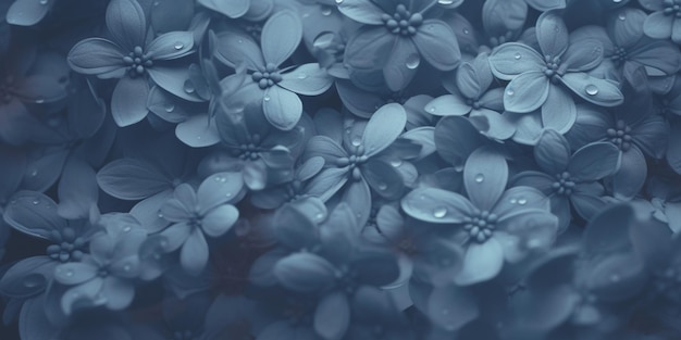 A close up of a bunch of blue flowers with the word " on the bottom right. "