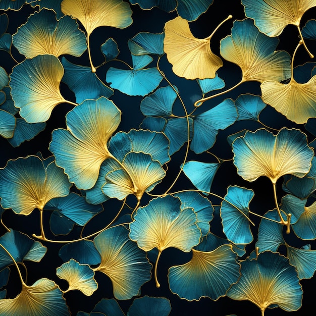 a close up of a bunch of blue and yellow leaves generative ai