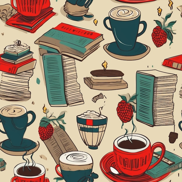 a close up of a bunch of books and cups of coffee generative ai