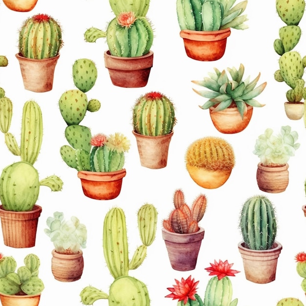 a close up of a bunch of cactus plants in pots generative ai