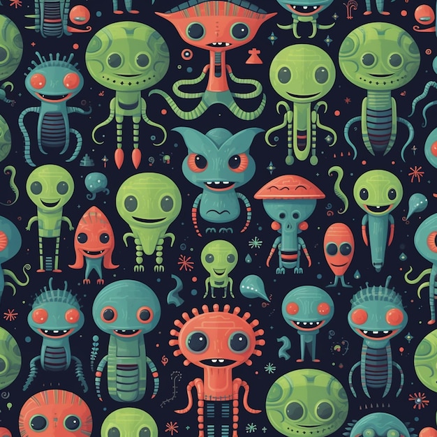 A close up of a bunch of cartoon aliens on a dark background generative ai