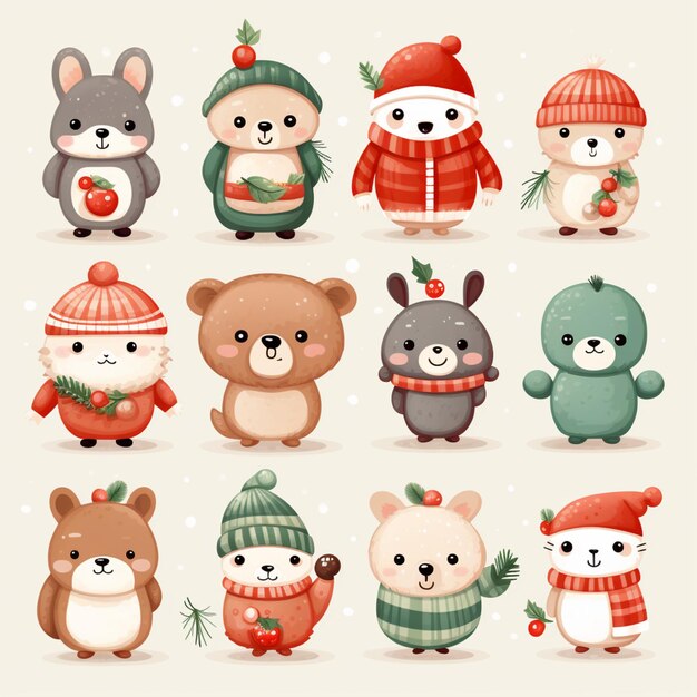 a close up of a bunch of cartoon animals wearing winter clothes generative ai