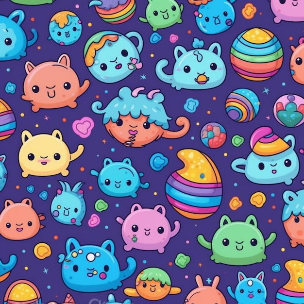 a close up of a bunch of cartoon cats on a purple background generative ai