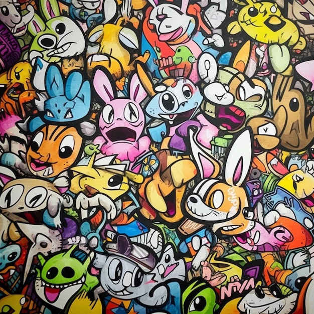 A close up of a bunch of cartoon characters on a wall generative ai