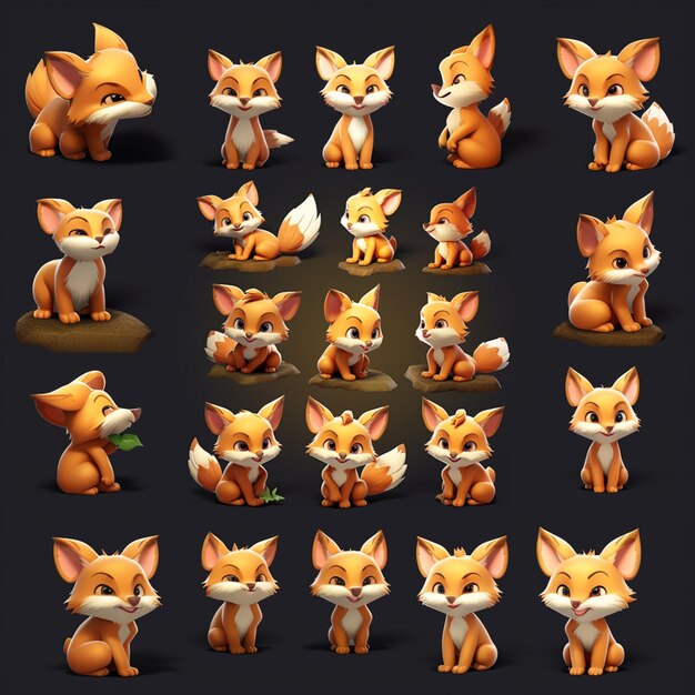 Photo a close up of a bunch of cartoon foxes sitting on a black surface generative ai