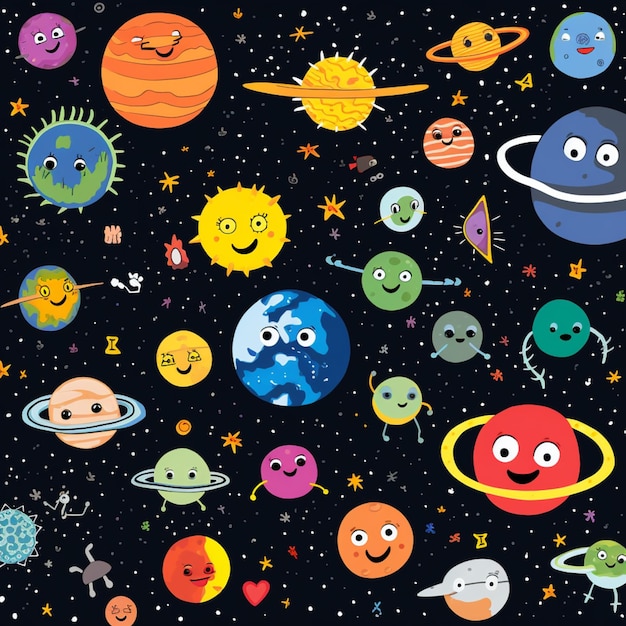 A close up of a bunch of cartoon planets with faces generative ai