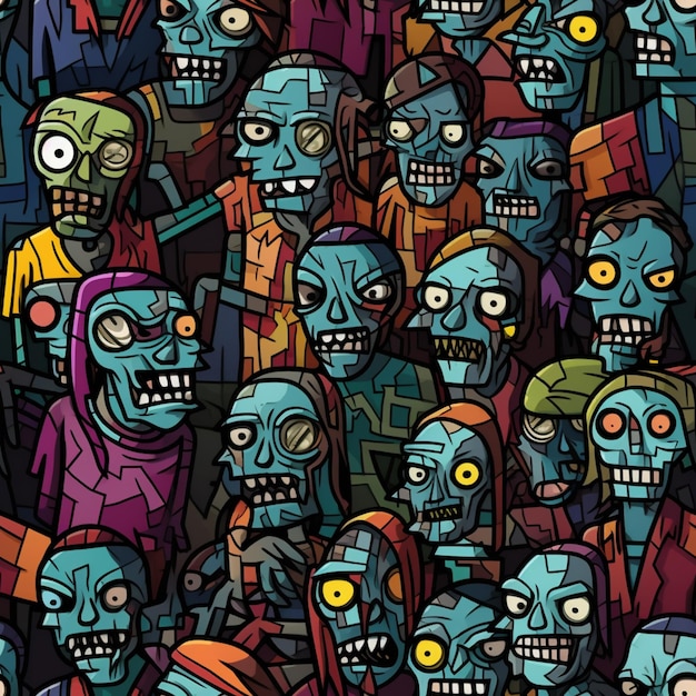 Крупный план кучки мультяшных зомби с генеративным искусственным интеллектом разных цветов