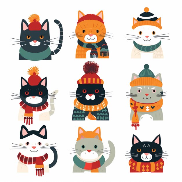 A close up of a bunch of cats wearing hats and scarves generative ai