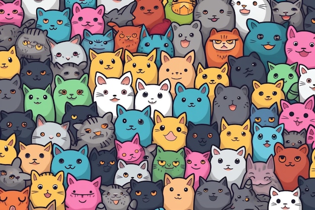 A close up of a bunch of cats with different colors generative ai