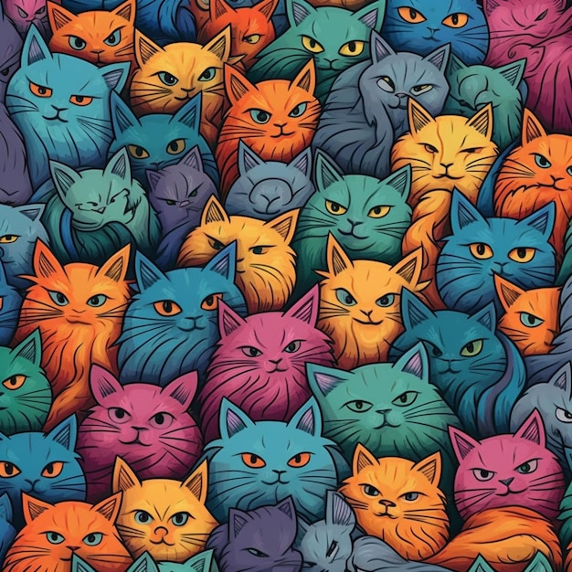 Крупный план кучки кошек с генеративным искусственным интеллектом разных цветов