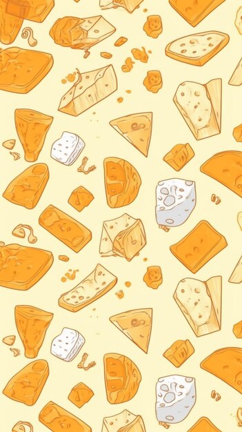 A close up of a bunch of cheeses on a yellow background generative ai