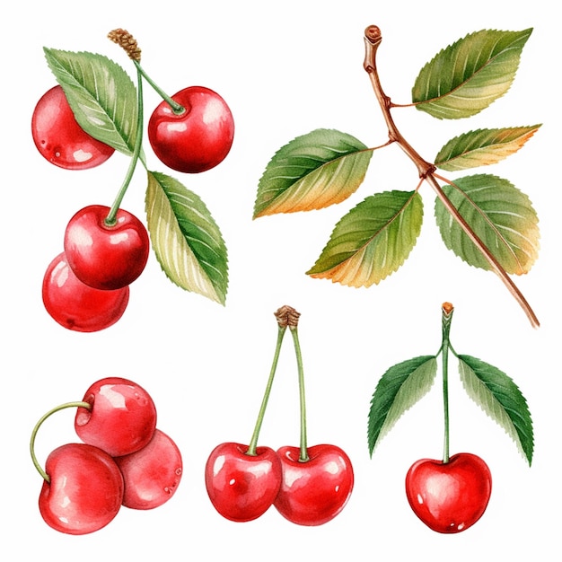 A close up of a bunch of cherries with leaves on a branch generative ai