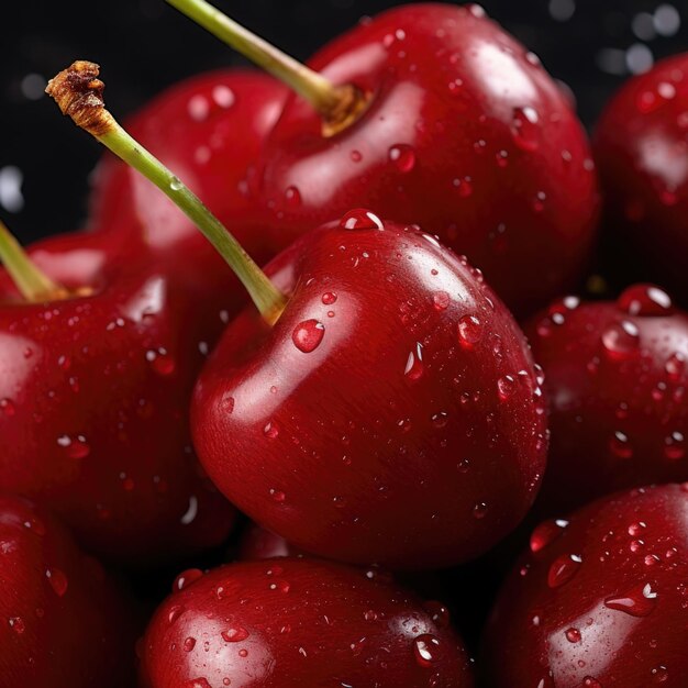 A close up of a bunch of cherries with water droplets ai