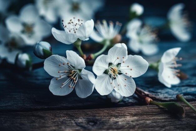 A close up of a bunch of cherry blossoms on a wooden surface